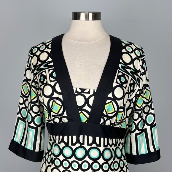 Milly New York Womens Silk Geometric Print Dress Ivory Black Aqua Blue size 10 - Picture 2 of 12